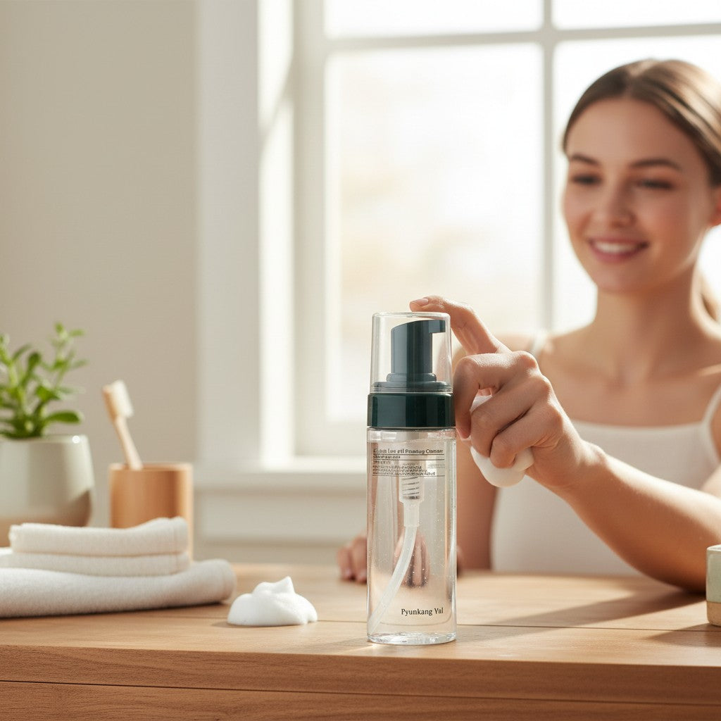 Skin TOGO Pyunkang Yul ACNE facial cleanser in a clear pump bottle with white foam on a wooden bathroom counter.