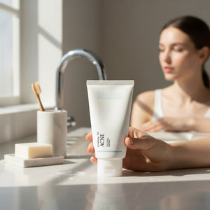 Skin TOGO Pyunkang Yul ACNE Facial Cleanser in a white tube held by a hand in a bright, minimalist bathroom setting.