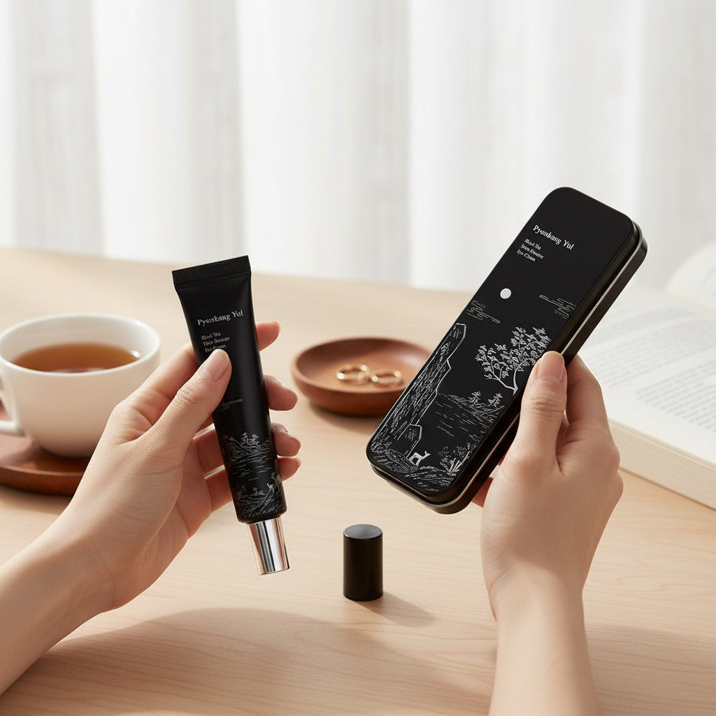 Skin TOGO Pyunkang Yul Black Tea Time Reverse Eye Cream tube and decorative black tin box held in hands on a desk.