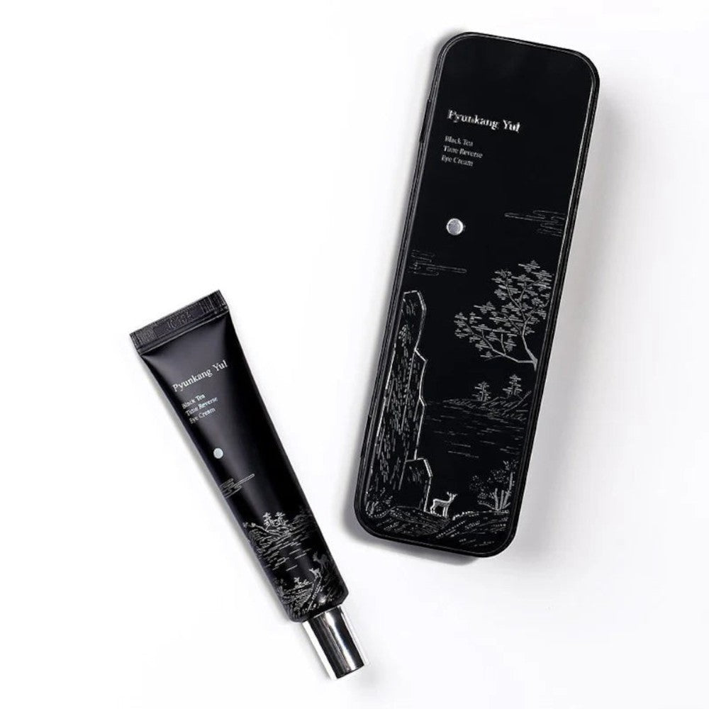 Skin TOGO Pyunkang Yul Black Tea Time Reverse Eye Cream tube and its matching black decorative storage tin.