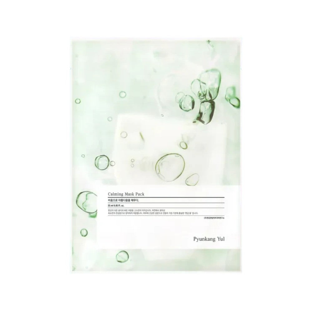 Skin TOGO Pyunkang Yul Calming Mask Sheet in a light green, minimalist packaging with bubble graphics.