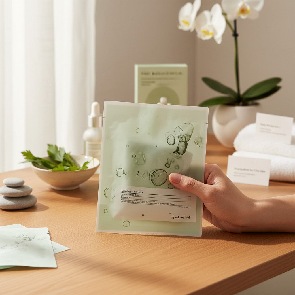 Skin TOGO Pyunkang Yul Calming Mask Sheet in a hand, set against a serene spa-like background with an orchid.