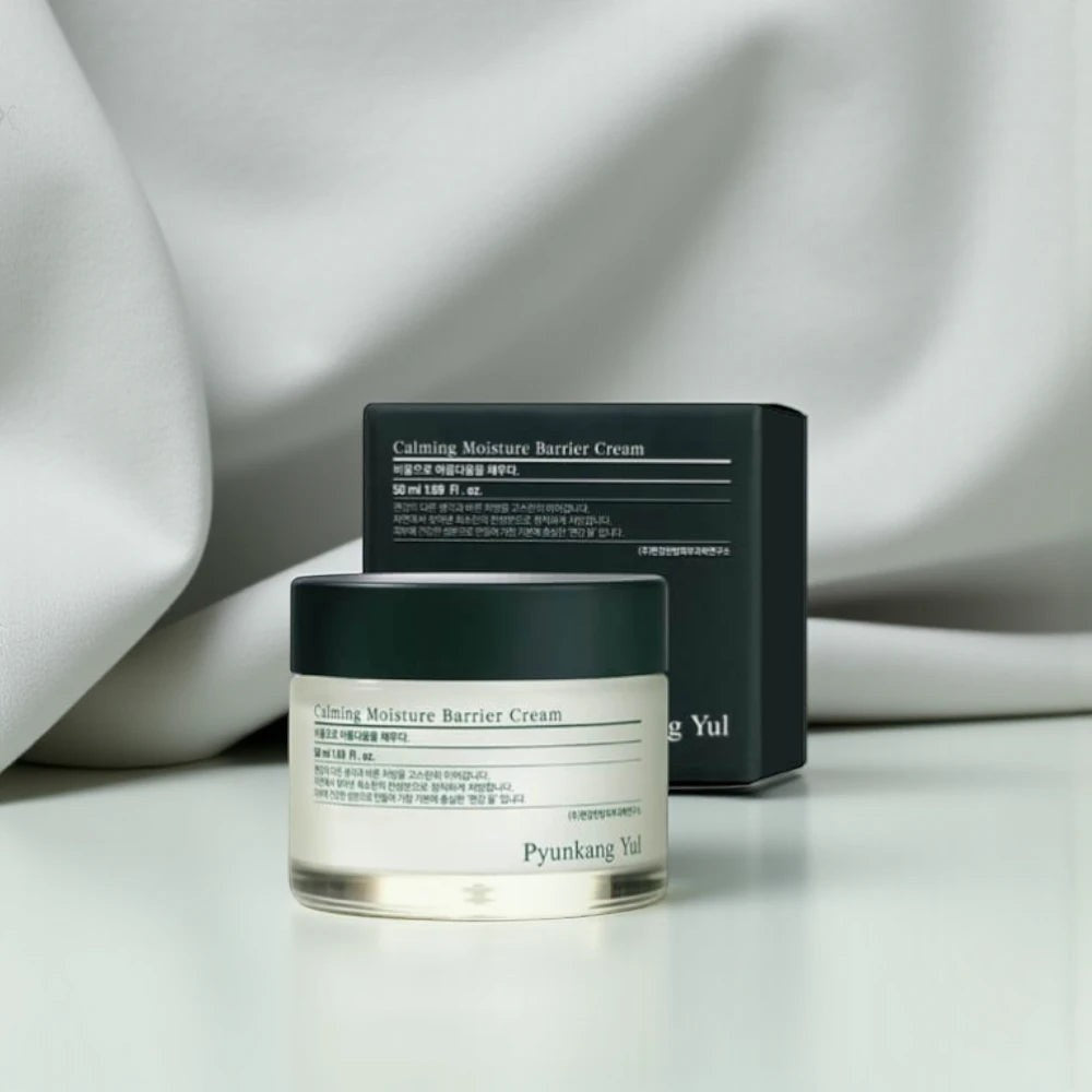 Skin TOGO Pyunkang Yul Calming Moisture Barrier Cream jar and box on a soft white fabric background.