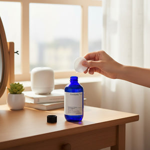 Skin TOGO Pyunkang Yul Essence Toner in a blue glass bottle with a hand holding a cotton pad on a wooden desk.