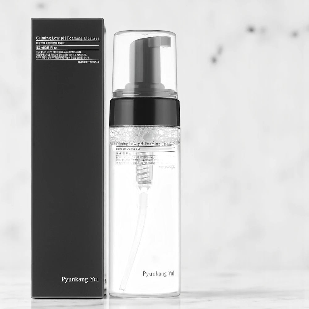 Skin TOGO Pyunkang Yul Calming Low pH Foaming Cleanser bottle and its black minimalist packaging box.