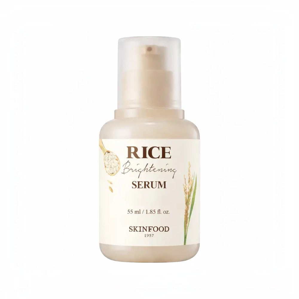 Skin TOGO SKINFOOD Rice Brightening Serum in a 55ml bottle with a pump dispenser, featuring rice extract for radiance.