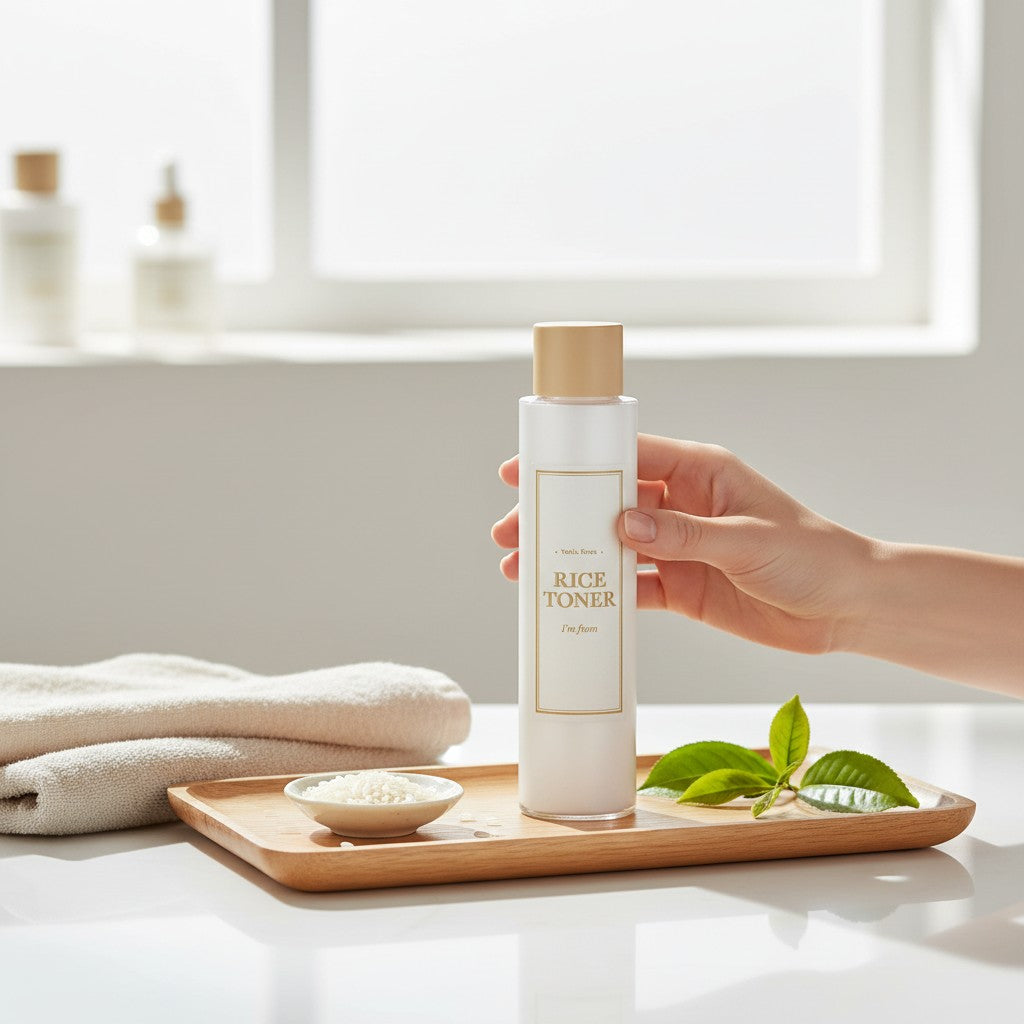 Skin TOGO I'm from Rice Toner bottle held by a hand on a wooden tray with rice grains and a green leaf