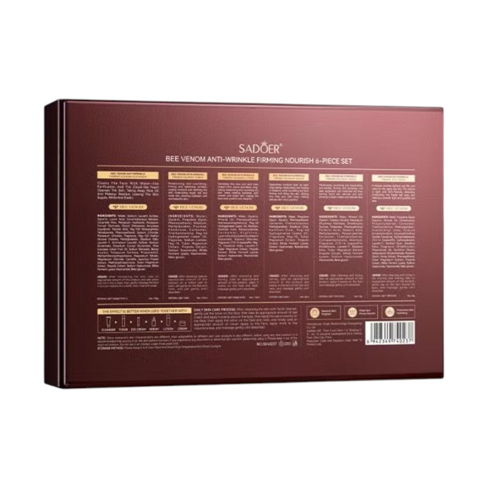 Skin TOGO Sadoer Bee Venom 6-piece anti-wrinkle skincare set box back view with detailed ingredients and instructions.