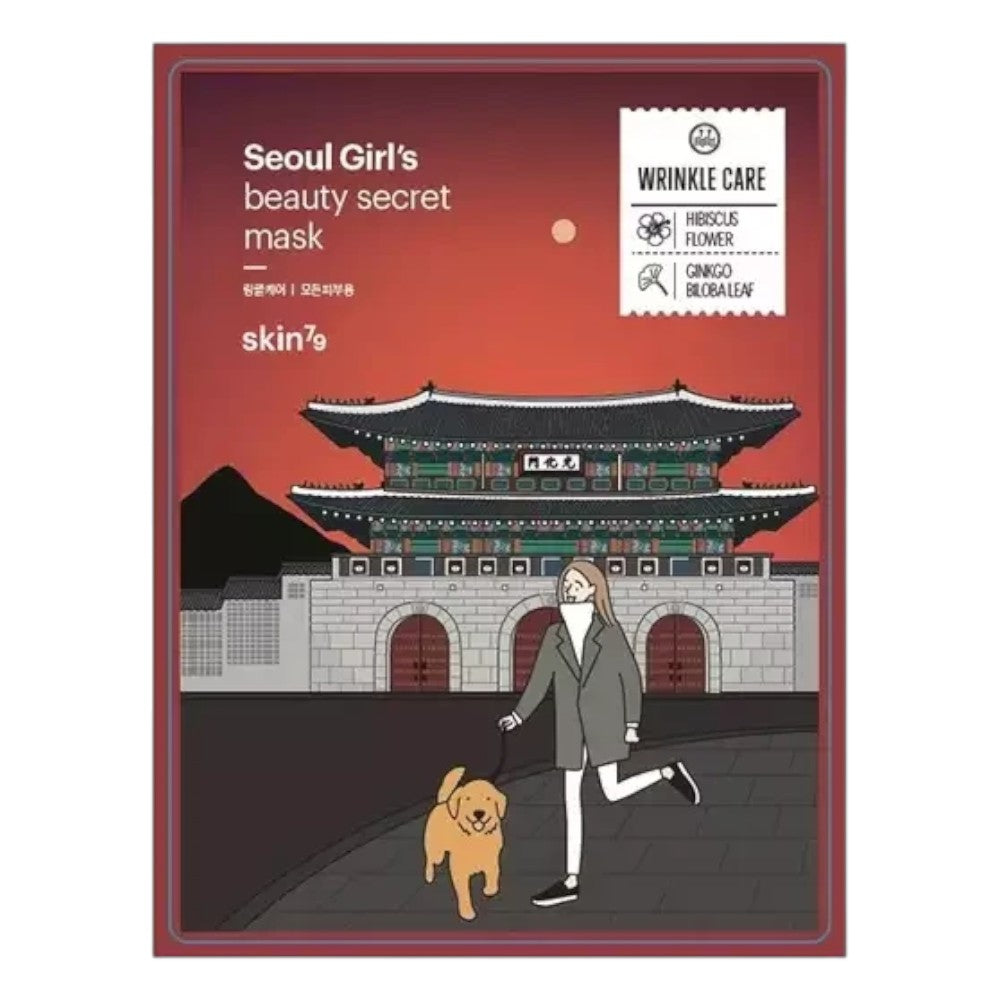 Skin TOGO Seoul Girl's Beauty Secret Wrinkle Care sheet mask featuring a red palace illustration and dog walker.