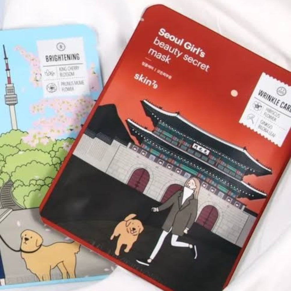 Skin TOGO Seoul Girl's Beauty Secret Wrinkle Care sheet mask featuring a traditional Korean palace illustration.