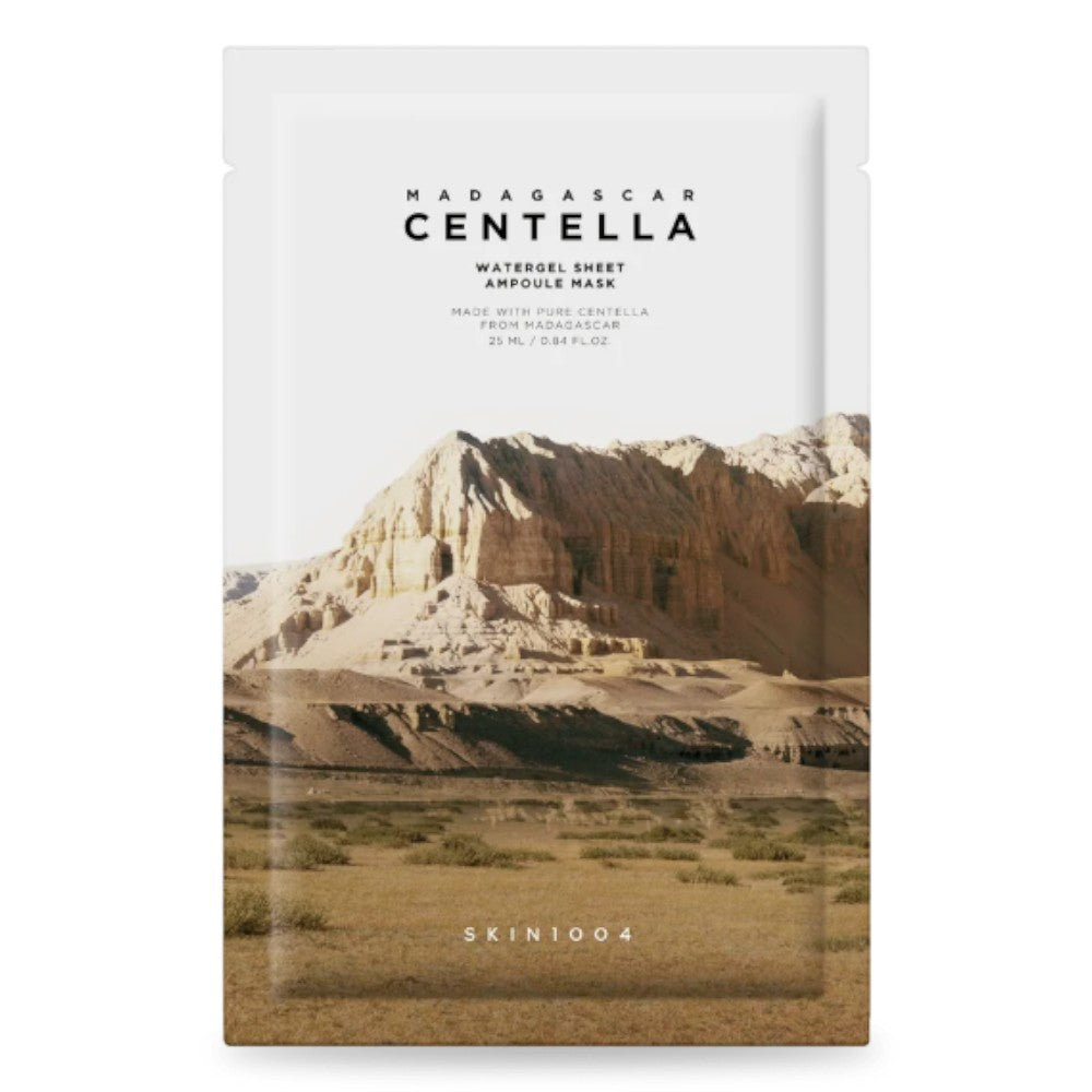Skin TOGO SKIN1004 Madagascar Centella Watergel Sheet Ampoule Mask in white packaging with a desert landscape design.
