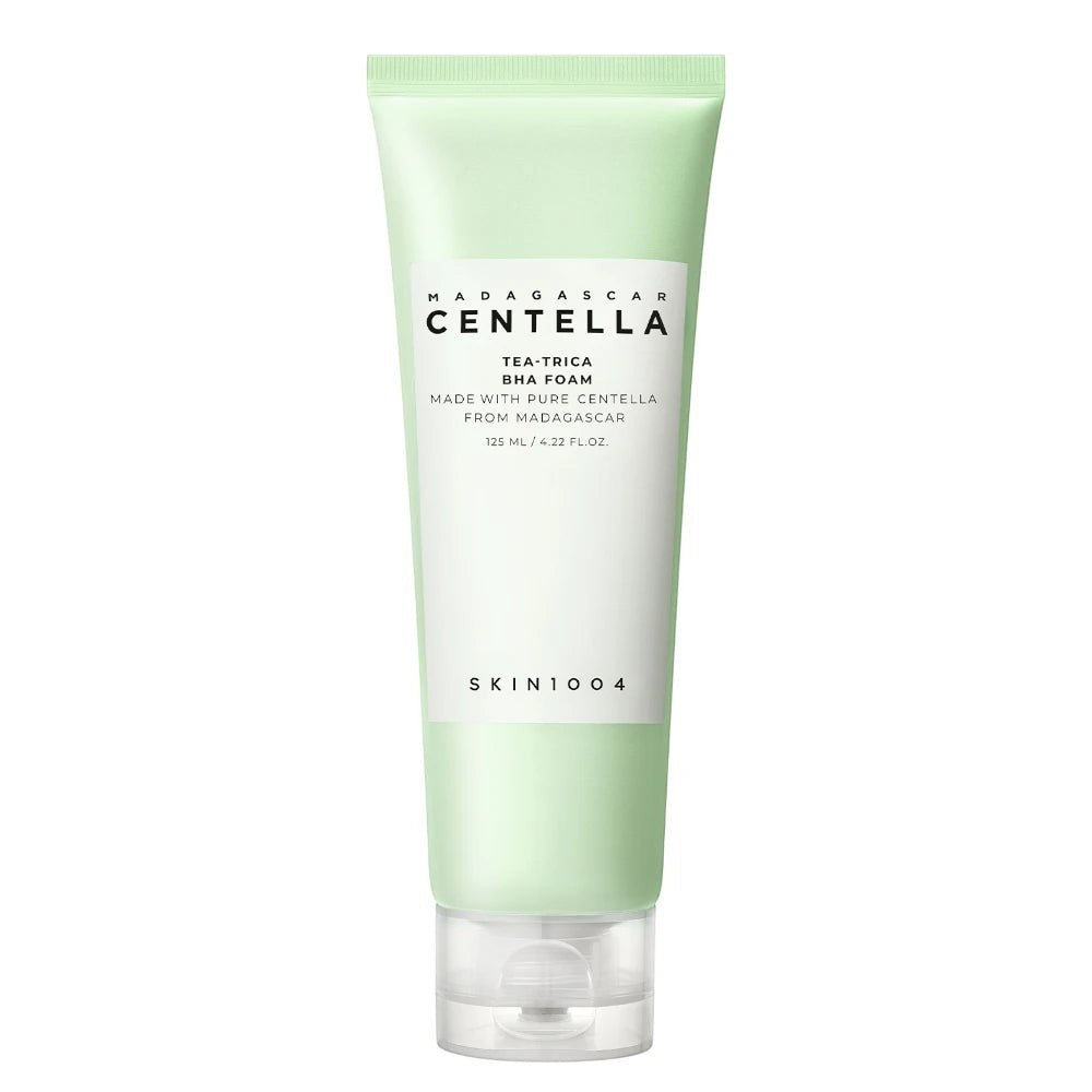 Skin TOGO SKIN1004 Madagascar Centella Tea-Trica BHA Foam cleanser in a light green 125ml tube for acne-prone skin.