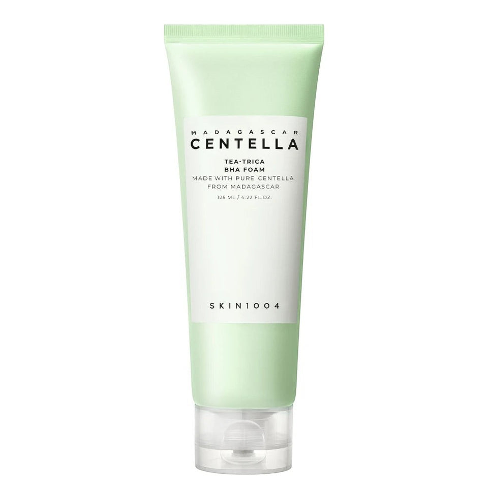 Skin TOGO SKIN1004 Madagascar Centella Tea-Trica BHA Foam cleanser in a light green 125ml tube for acne-prone skin.