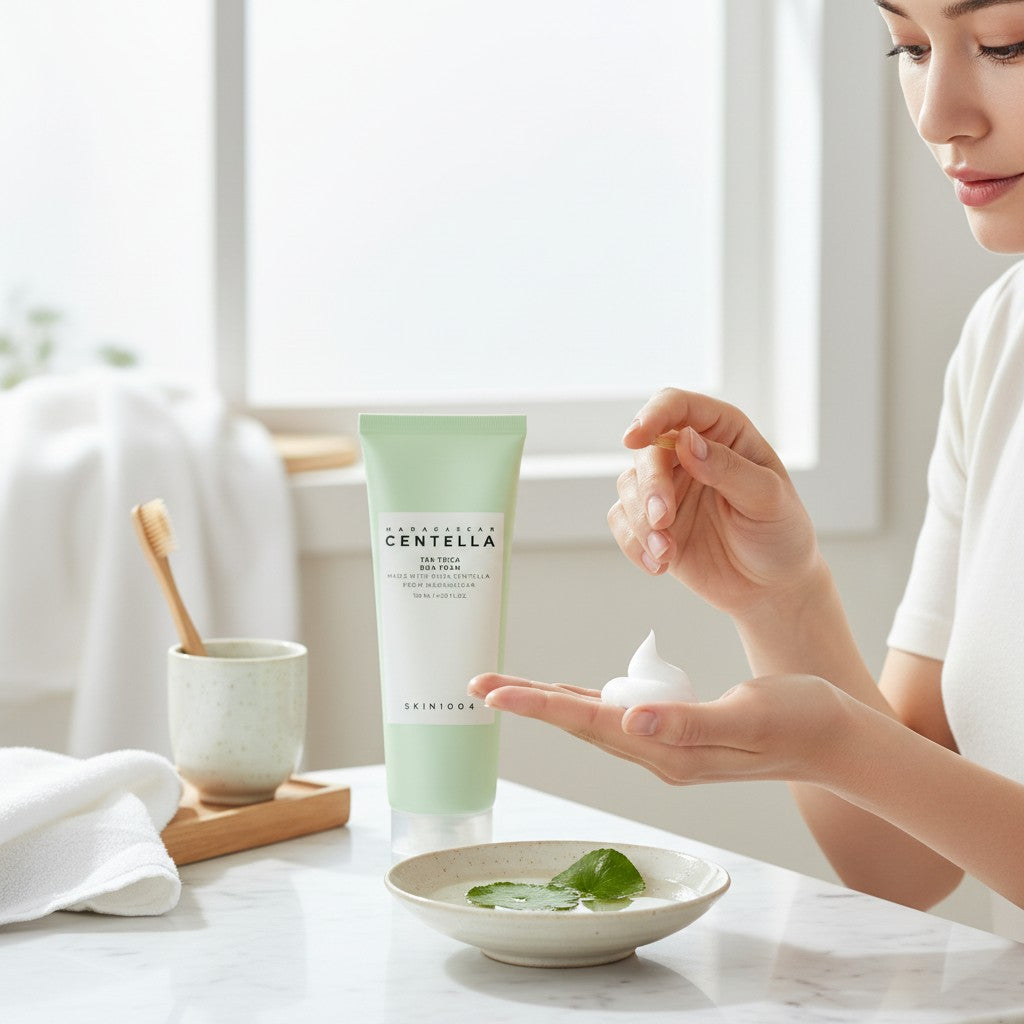Skin TOGO SKIN1004 Madagascar Centella Tea-Trica BHA foam cleanser in a light green tube held by a woman.
