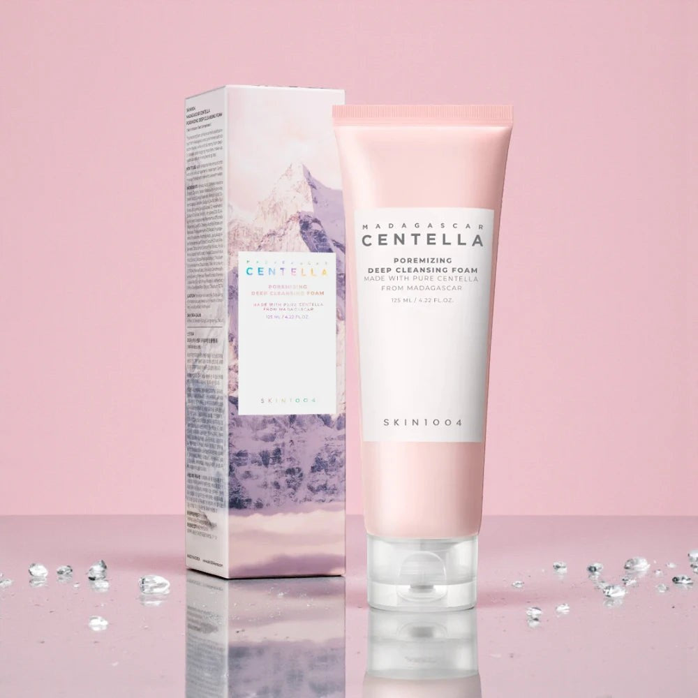Skin TOGO SKIN1004 Madagascar Centella Poremizing Deep Cleansing Foam in a soft pink tube with matching product box.