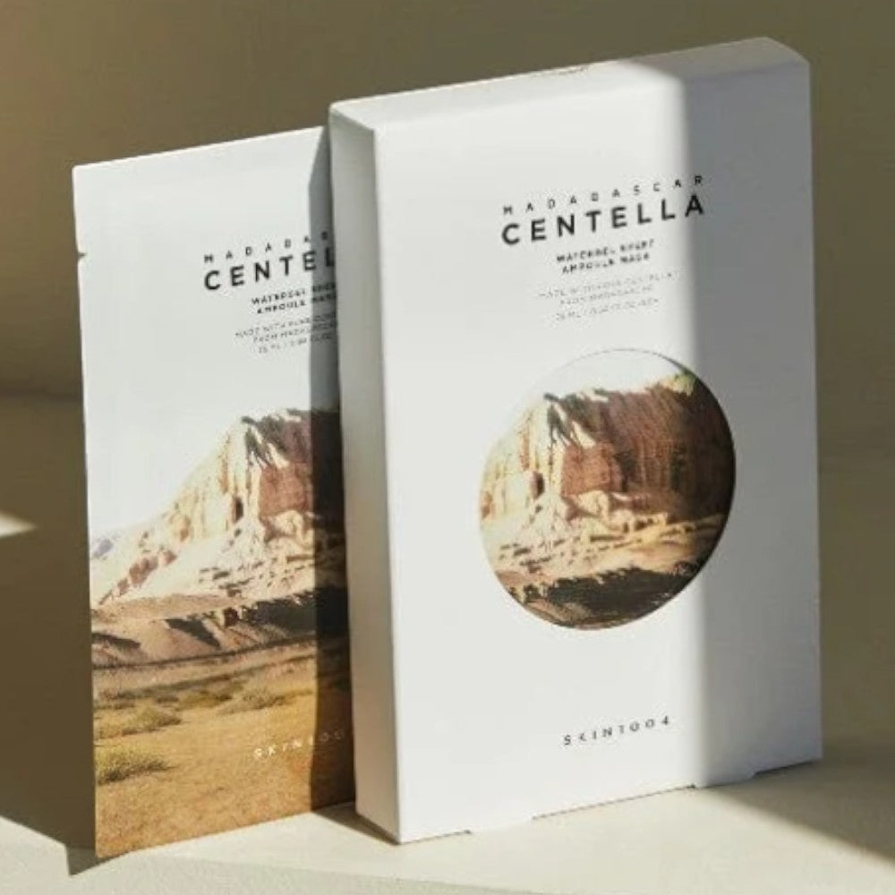Skin TOGO SKIN1004 Madagascar Centella Watergel Sheet Ampoule Mask packaging with mountain landscape design