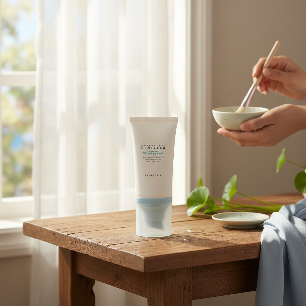 Skin TOGO SKIN1004 Madagascar Centella Hyalu-Cica Water-Fit Sun Serum tube on a wooden table with a soft aesthetic.