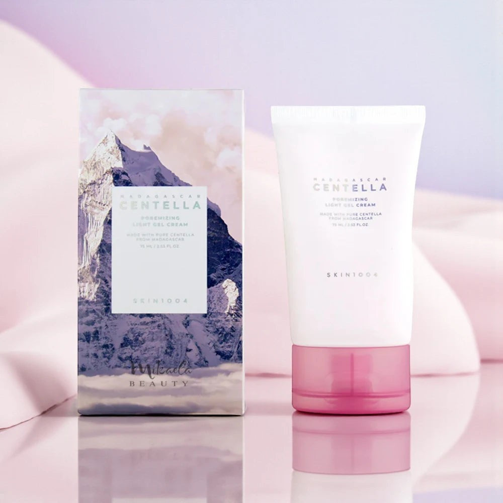Skin TOGO SKIN1004 Poremizing Light Gel Cream tube and box featuring a mountain illustration for pore refinement.