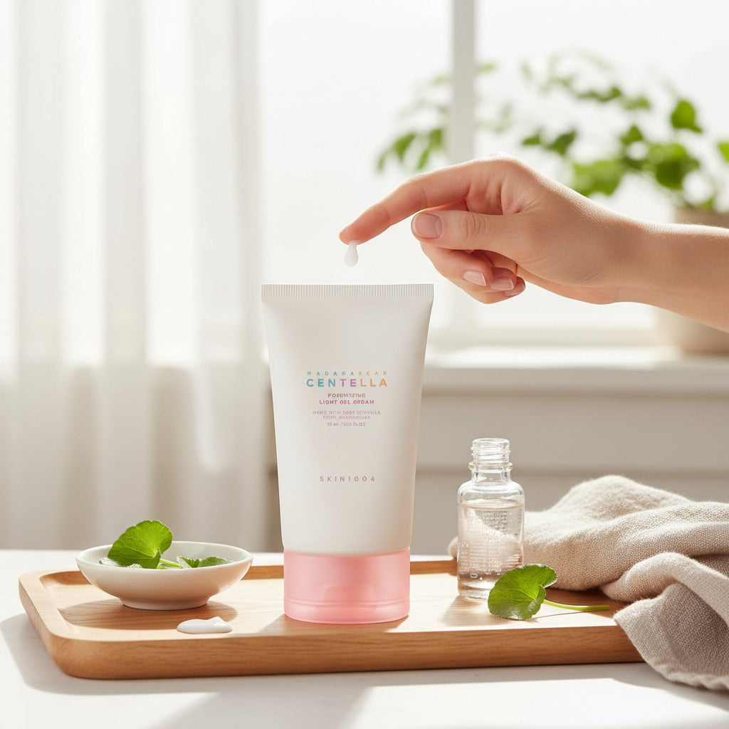 Skin TOGO SKIN1004 Poremizing Light Gel Cream in a white tube with a pink cap, held by a hand on a wooden tray.