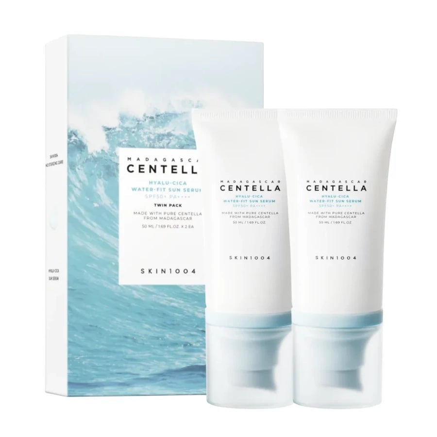 Skin TOGO SKIN1004 Madagascar Centella Hyalu-Cica Water-Fit Sun Serum duo pack with two 50ml tubes and box.