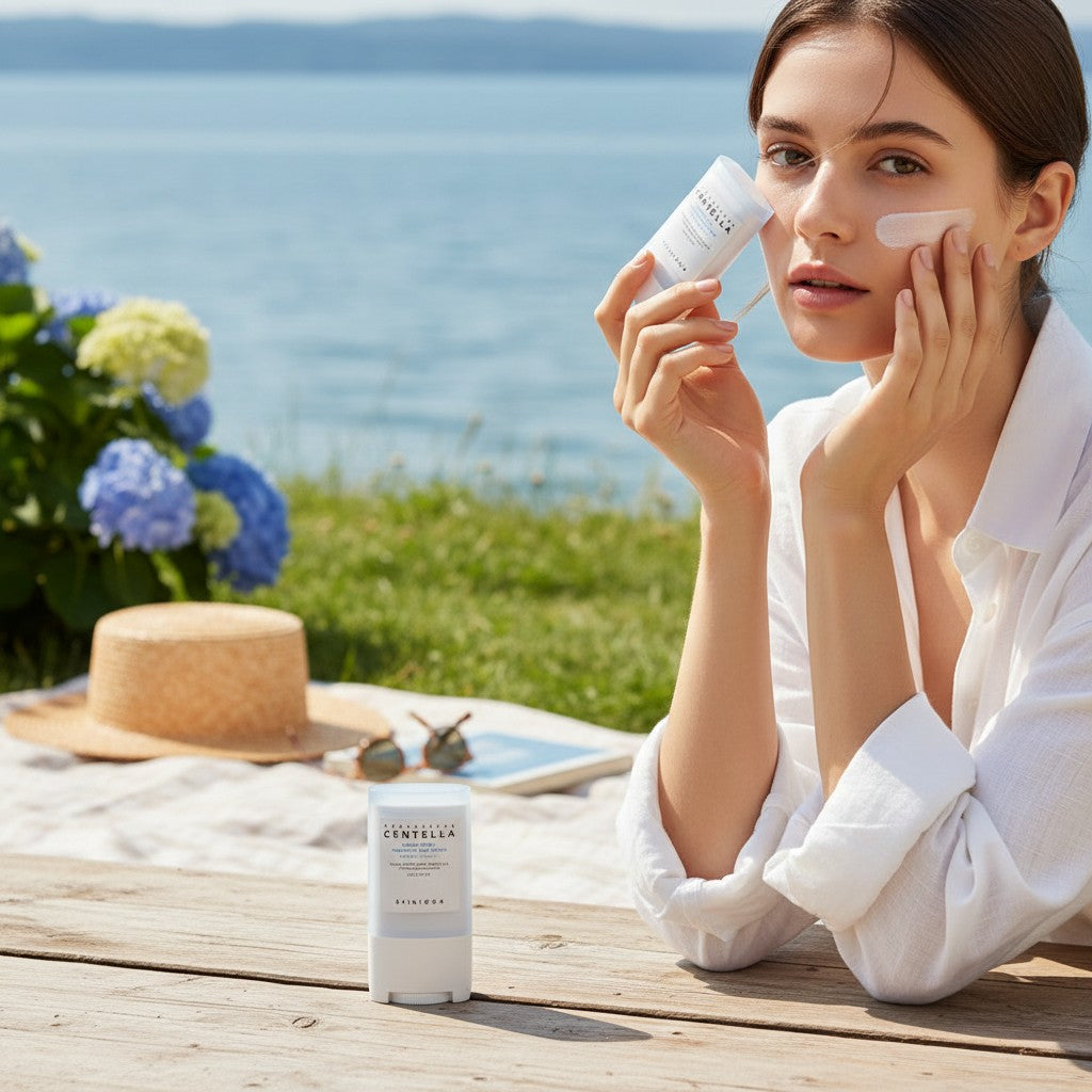 Skin TOGO model applying SKIN1004 Madagascar Centella Hyalu-Cica sun stick on her cheek by the seaside