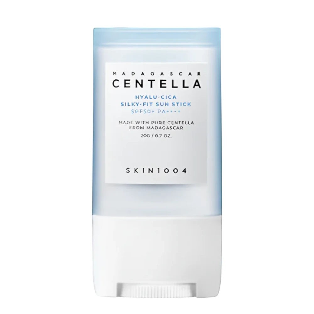 Skin TOGO SKIN1004 Madagascar Centella Hyalu-Cica Silky-Fit Sun Stick in a compact white and light blue tube