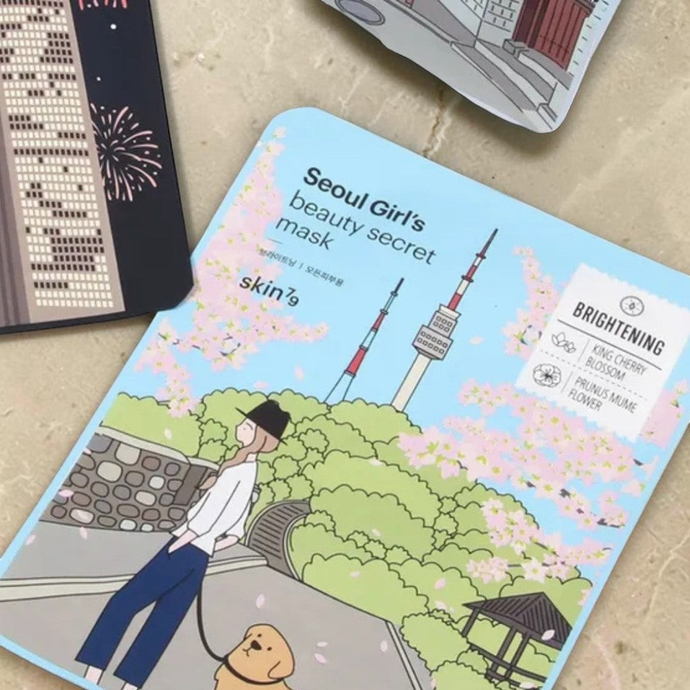Skin TOGO Skin79 Seoul Girl's Beauty Secret Brightening sheet mask with cherry blossom illustration on blue packaging.