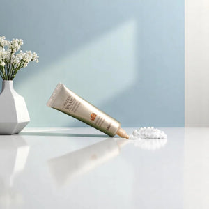 Skin TOGO Skin79 Golden Snail Intensive Eye Cream in a gold tube with a dollop of rich white cream on a white surface.