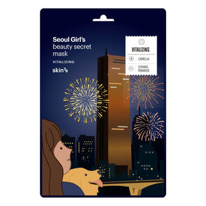 Skin TOGO Skin79 Seoul Girl's Beauty Secret Vitalizing sheet mask packaging with a night city and fireworks design.