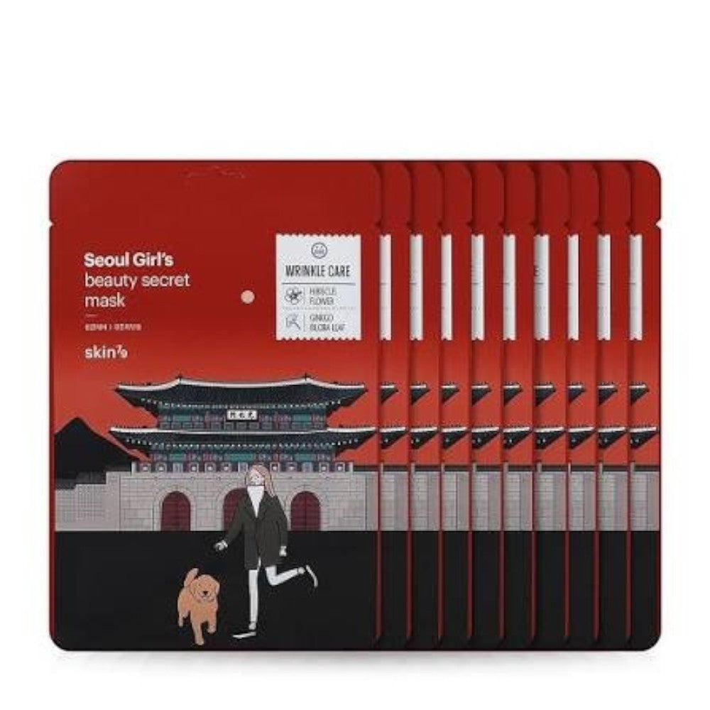 Skin TOGO skin79 Seoul Girl's Beauty Secret Wrinkle Care sheet mask pack featuring a red illustrated Korean palace design.