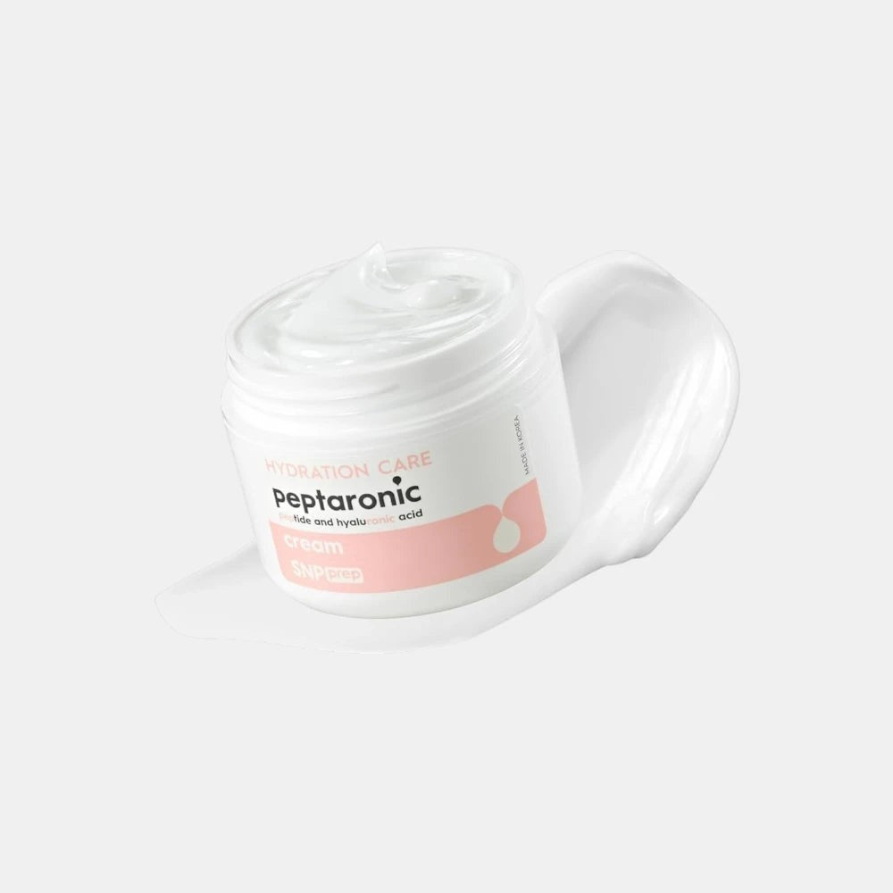 Skin TOGO SNP Prep Peptaronic Cream jar with a smooth white moisturizing cream texture swatch on a light background.