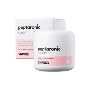 Skin TOGO SNP Prep Peptaronic anti-aging face cream in a white jar and matching box with pink accents.