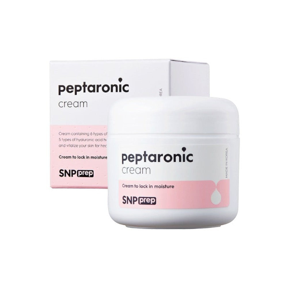 Skin TOGO SNP Prep Peptaronic anti-aging face cream in a white jar and matching box with pink accents.