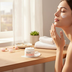Skin TOGO SNP Prep Peptaronic Cream jar on a wooden table with a woman applying the moisturizer to her face