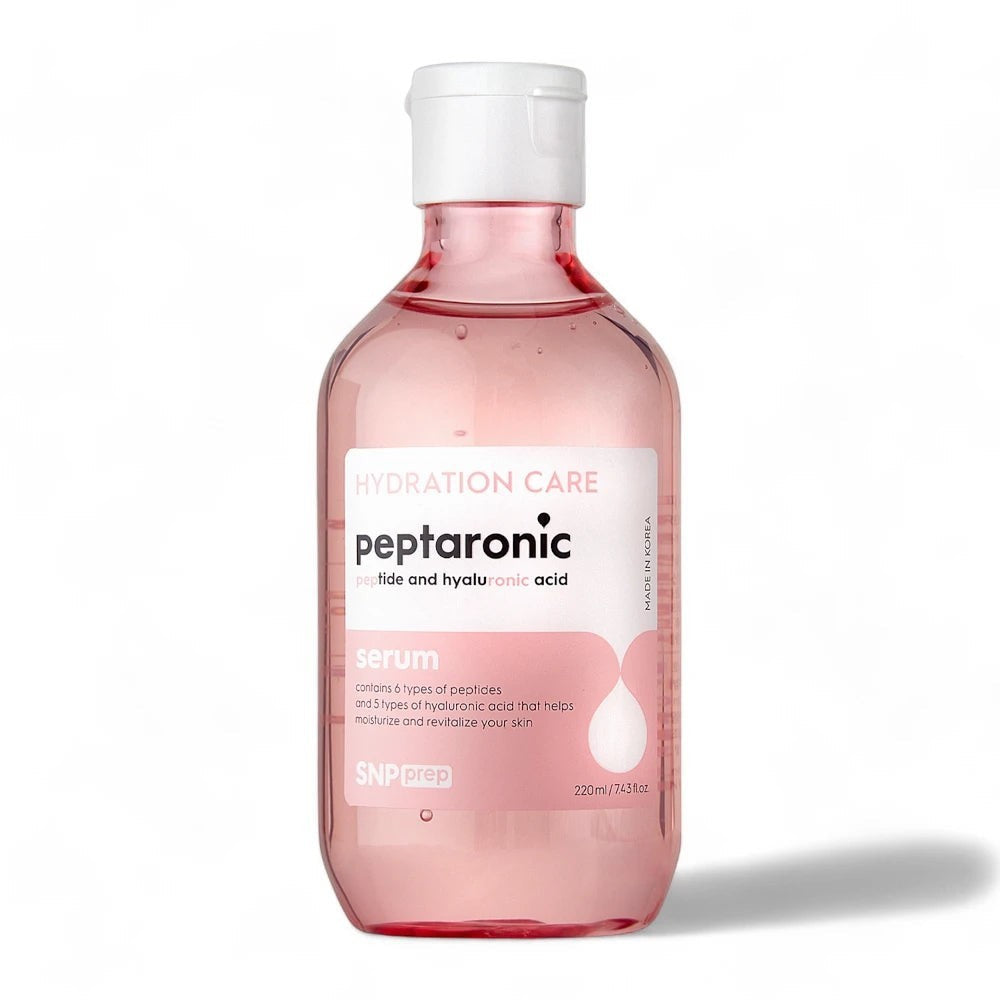 Skin TOGO SNP Prep Peptaronic serum in a 220ml pink bottle with peptide and hyaluronic acid for skin hydration.