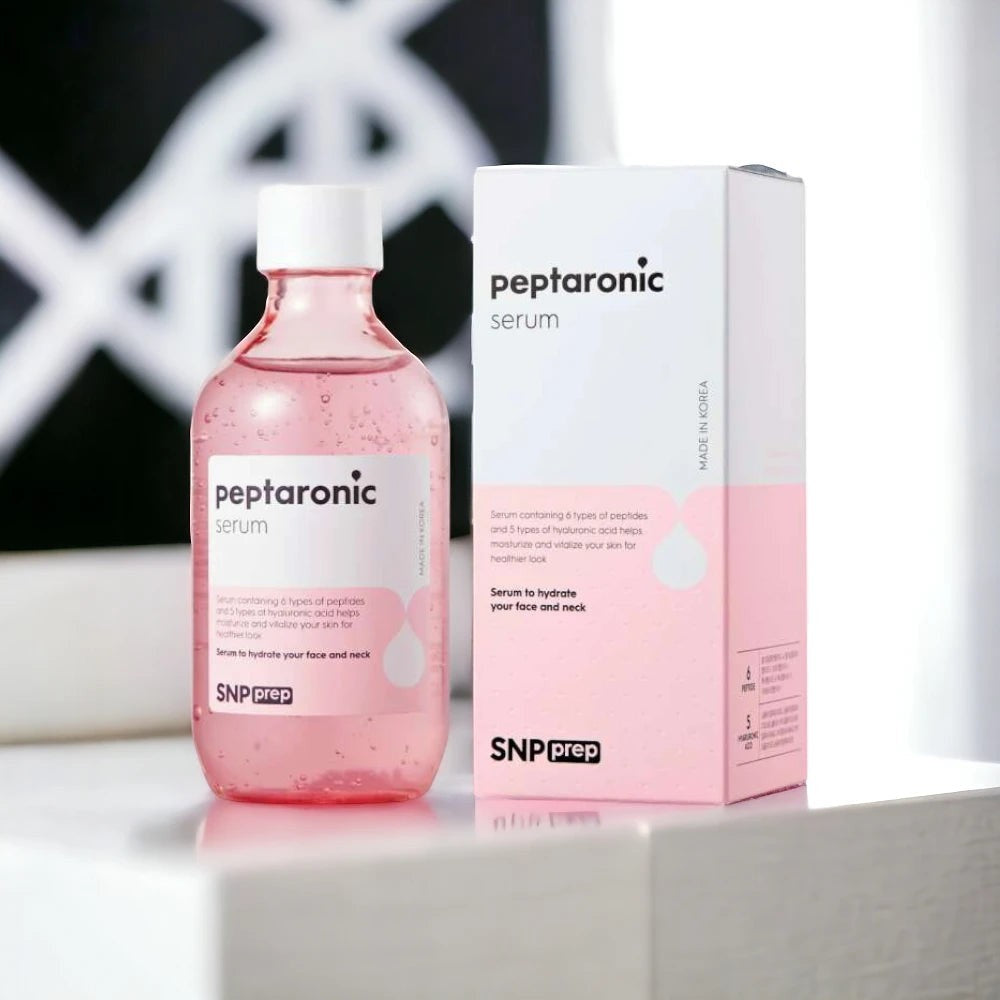 Skin TOGO SNP Prep Peptaronic serum bottle and box, a pink hydrating skincare product with peptides and hyaluronic acid.
