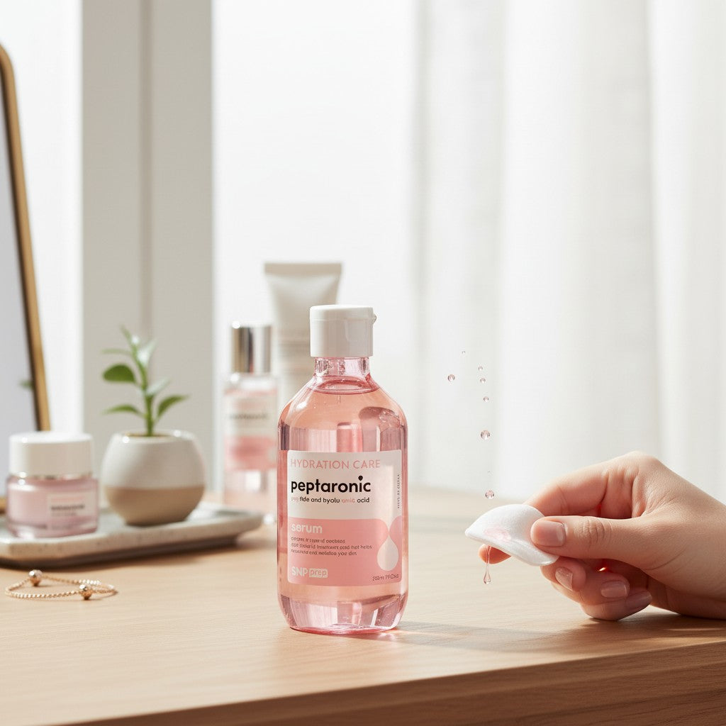 Skin TOGO SNP Prep Peptaronic serum in a pink bottle being applied to a cotton pad on a wooden desk.