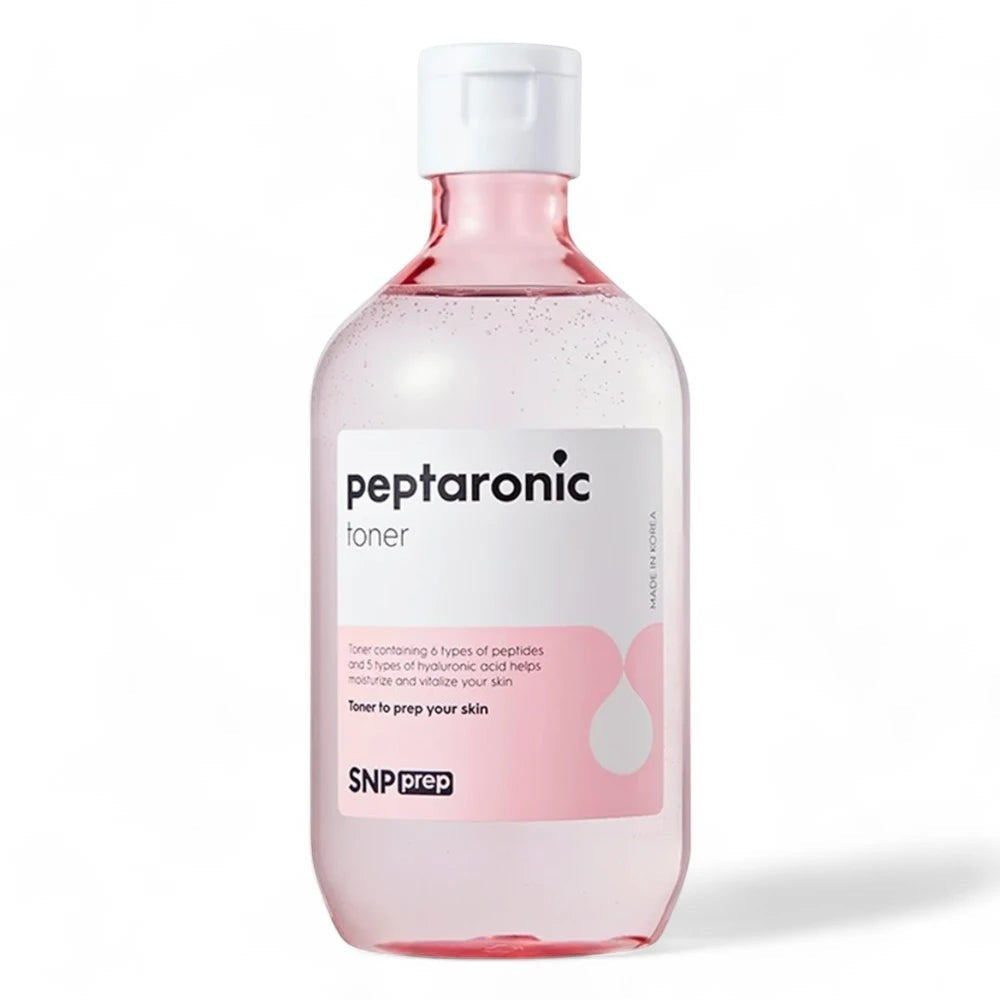 Skin TOGO SNP Prep Peptaronic Toner in a 320ml clear pink bottle with a white cap for hydrating facial skincare.