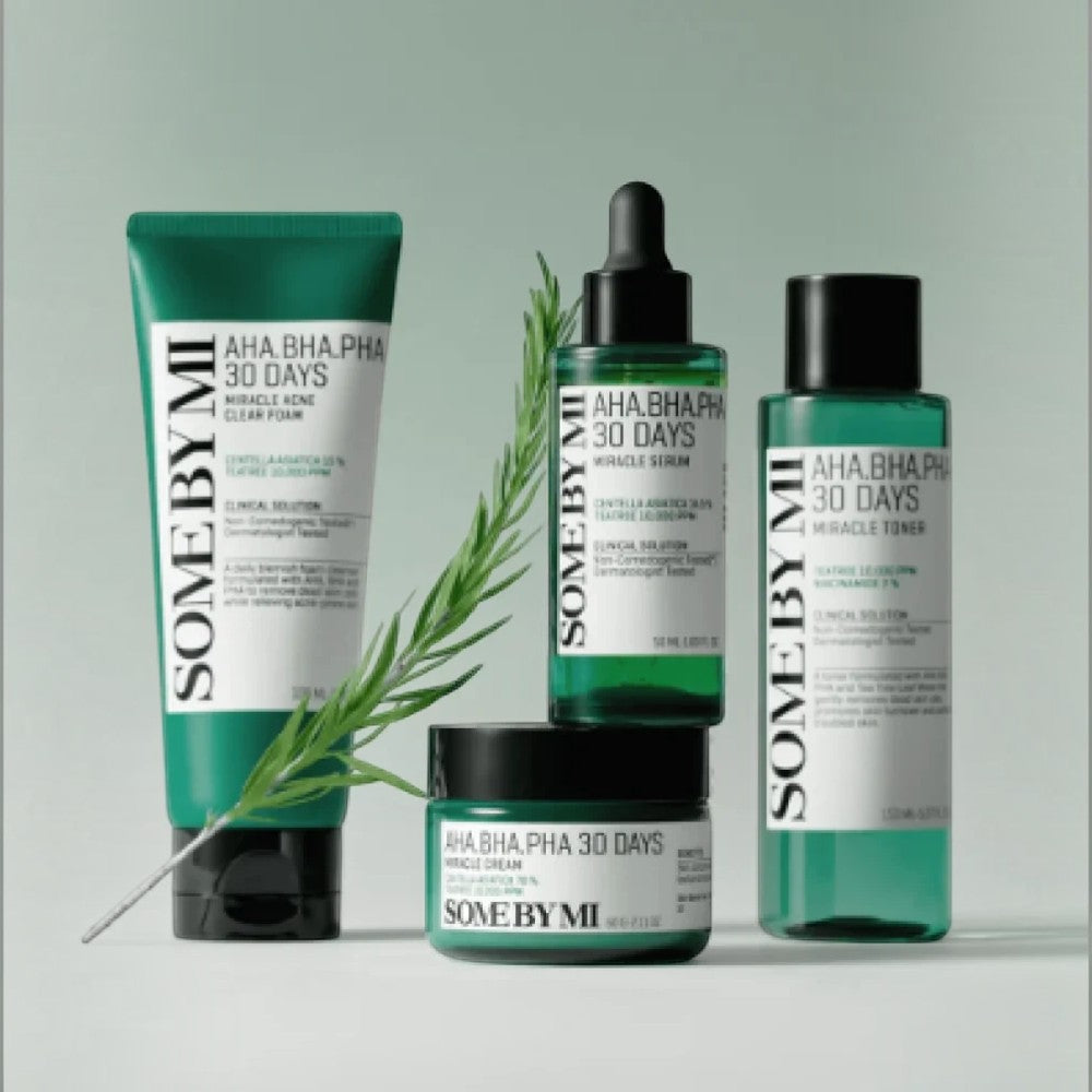 Skin TOGO Some By Mi AHA BHA PHA 30 Days Miracle AC SOS Kit featuring cleanser, toner, serum, and cream bottles.