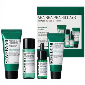 Skin TOGO Some By Mi AHA BHA PHA 30 Days Miracle AC SOS Kit featuring cleanser, toner, serum, and cream for acne.