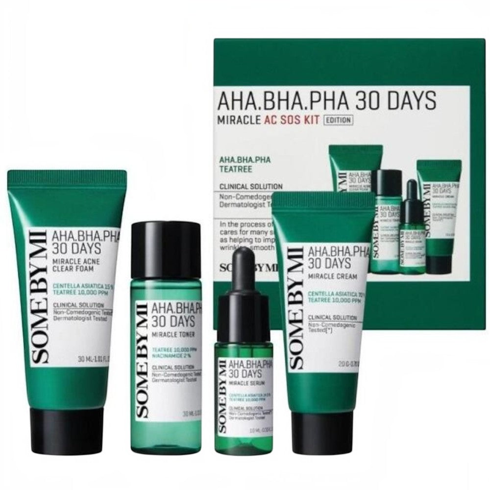 Skin TOGO Some By Mi AHA BHA PHA 30 Days Miracle AC SOS Kit featuring cleanser, toner, serum, and cream for acne.