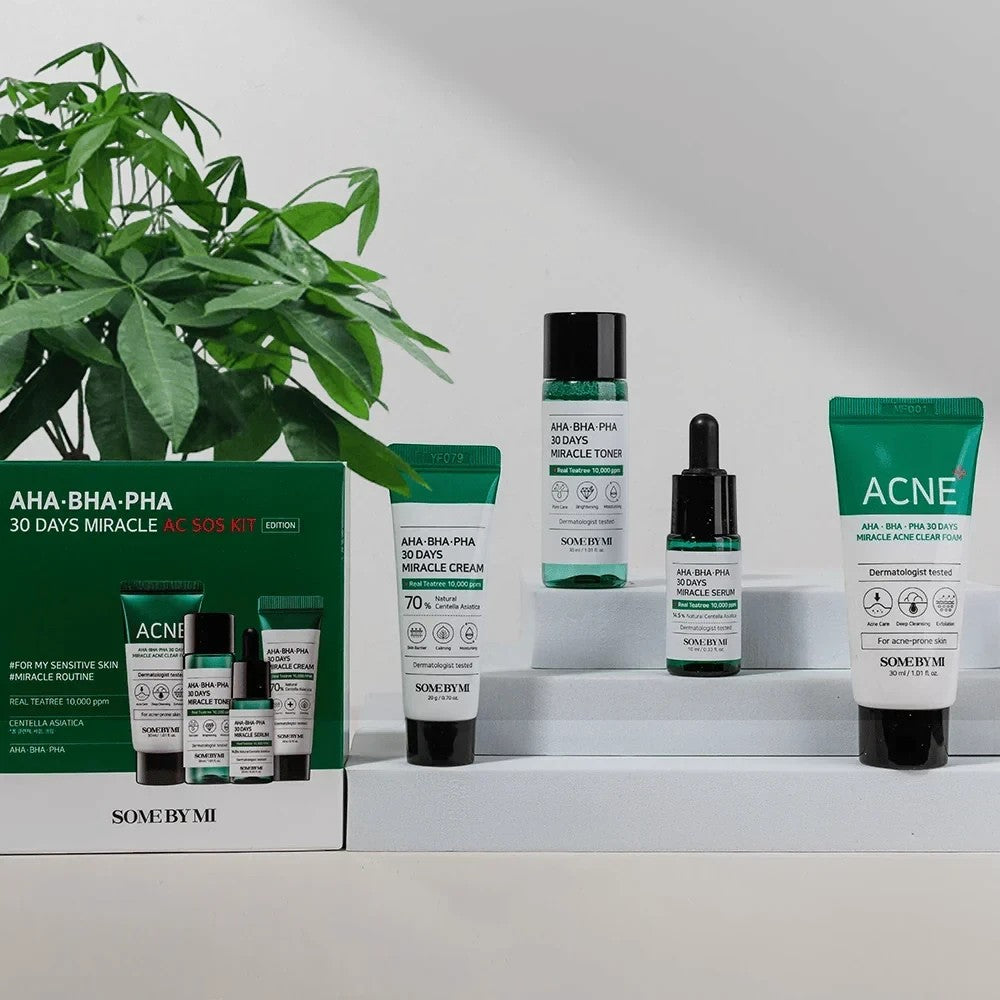Skin TOGO Some By Mi 30 Days Miracle AC SOS kit featuring cleanser, toner, serum, and cream for acne-prone skin.