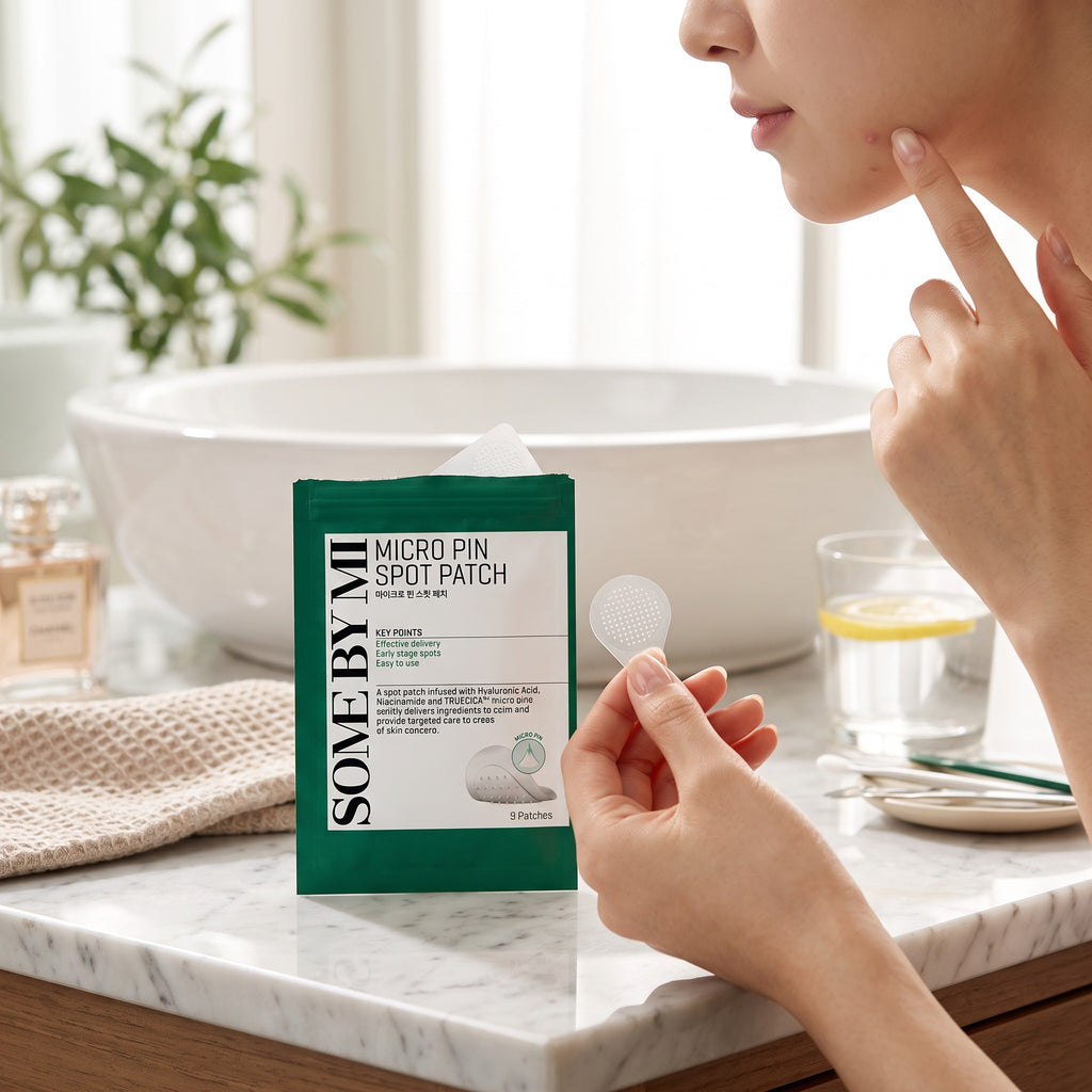 Skin TOGO Some By Mi Miracle Clear Spot Patch pack with a woman applying a transparent hydrocolloid acne sticker