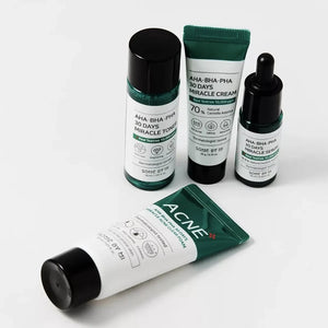 Skin TOGO Some By Mi AHA BHA PHA 30 Days Miracle AC SOS kit featuring cleanser, toner, serum, and cream for acne skin