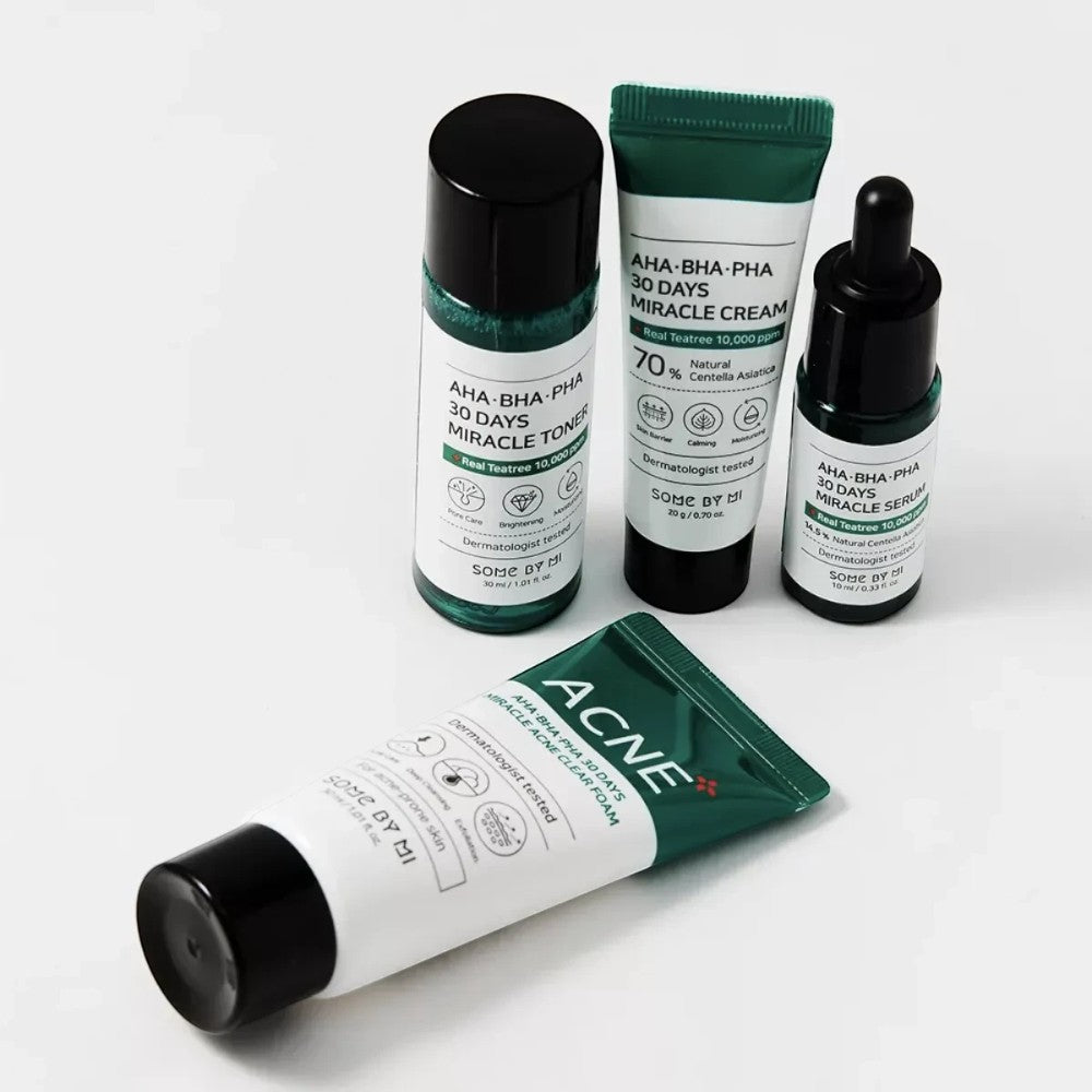 Skin TOGO Some By Mi AHA BHA PHA 30 Days Miracle AC SOS kit featuring cleanser, toner, serum, and cream for acne skin
