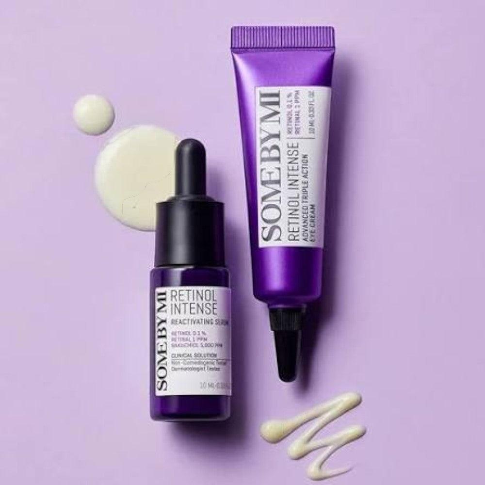 Skin TOGO Some By Mi Retinol Intense trial kit featuring a purple serum bottle and eye cream tube with cream swatches.