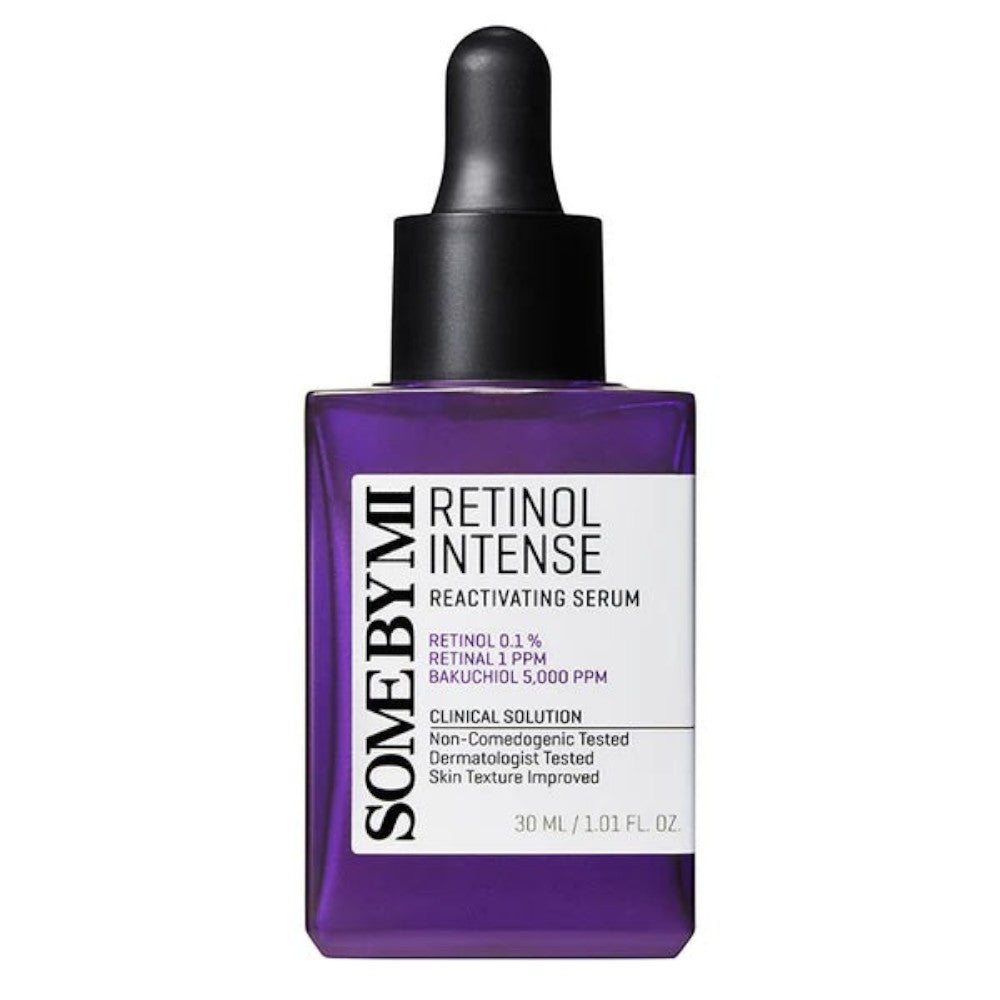 Skin TOGO SOME BY MI Retinol Intense Reactivating Serum in a purple glass bottle with a dropper cap.