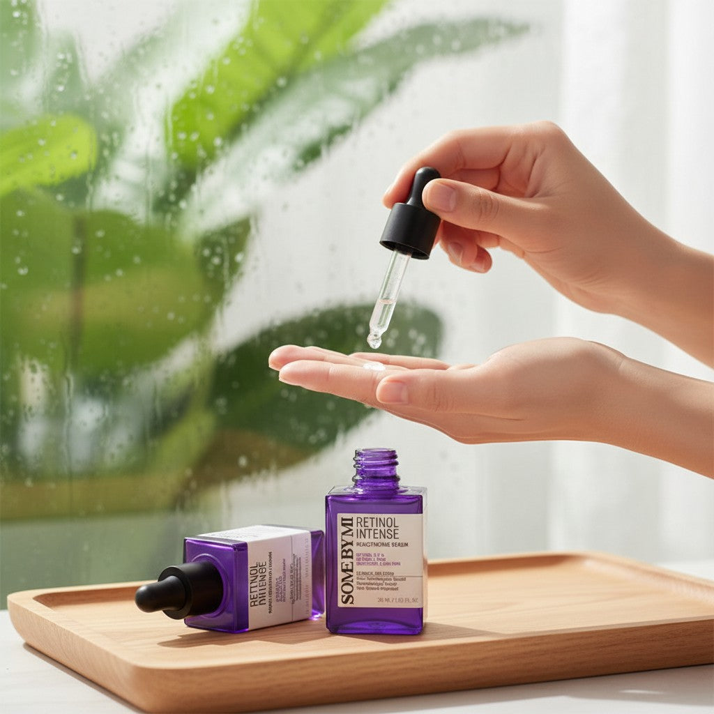 Skin TOGO SOME BY MI Retinol Intense Reactivating Serum being applied with a dropper on a wooden tray