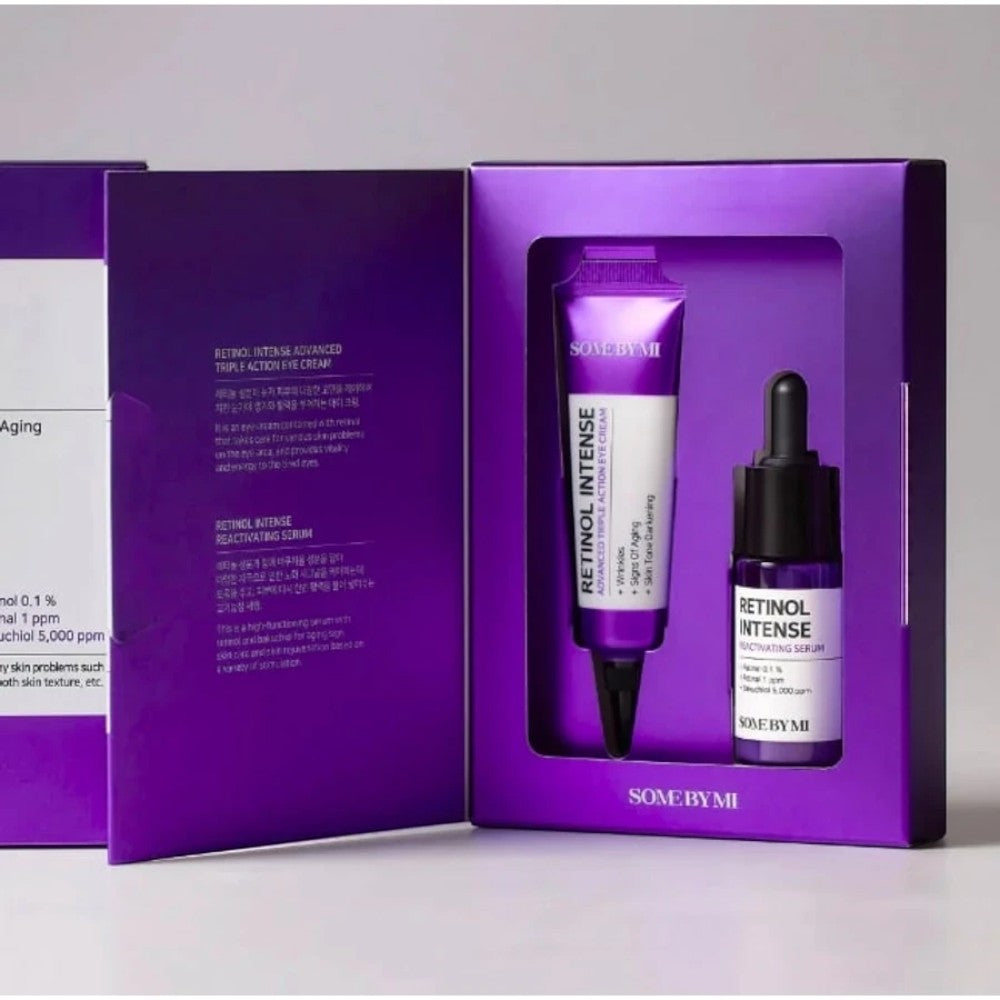 Skin TOGO Some By Mi Retinol Intense Trial Kit with anti-aging eye cream and serum in purple packaging.