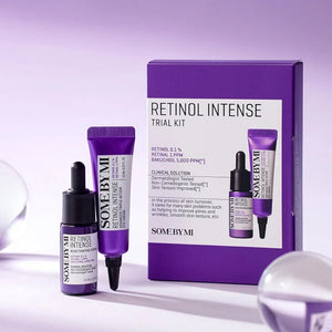 Skin TOGO Some By Mi Retinol Intense Trial Kit featuring a serum and eye cream in purple packaging on a light background.